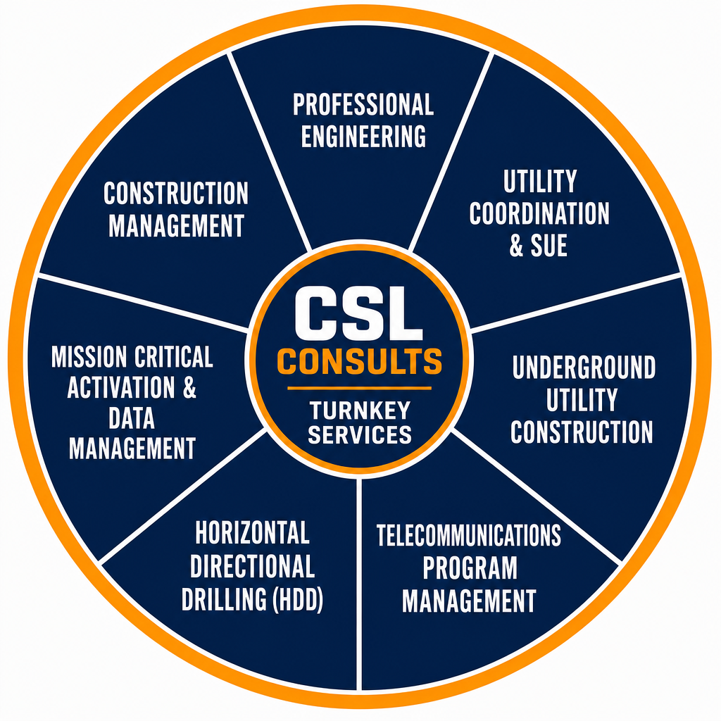 CSL Consults turnkey services wheel: professional engineering, utility coordination & SUE, underground utility construction, telecommunications management, HDD, mission critical activation & data center readiness, construction management