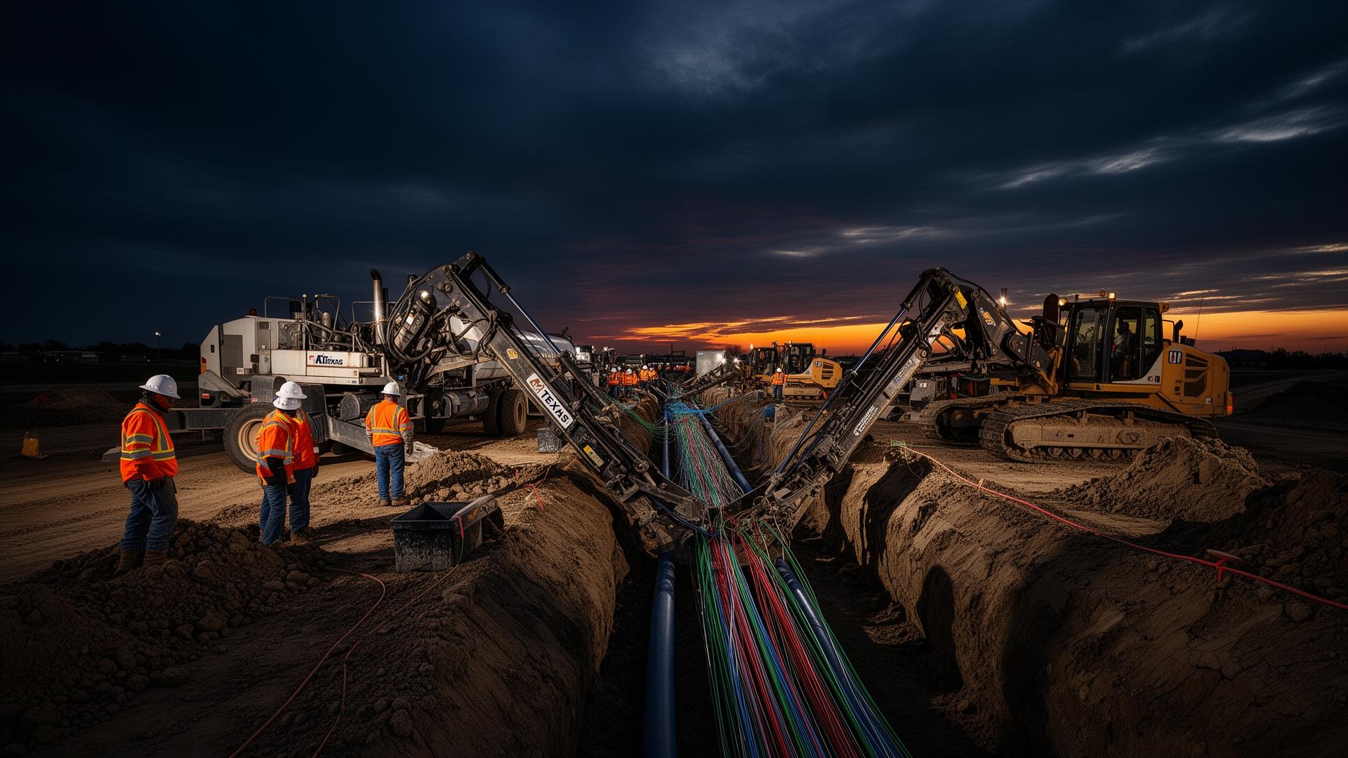 Underground utility construction site at dusk in Texas